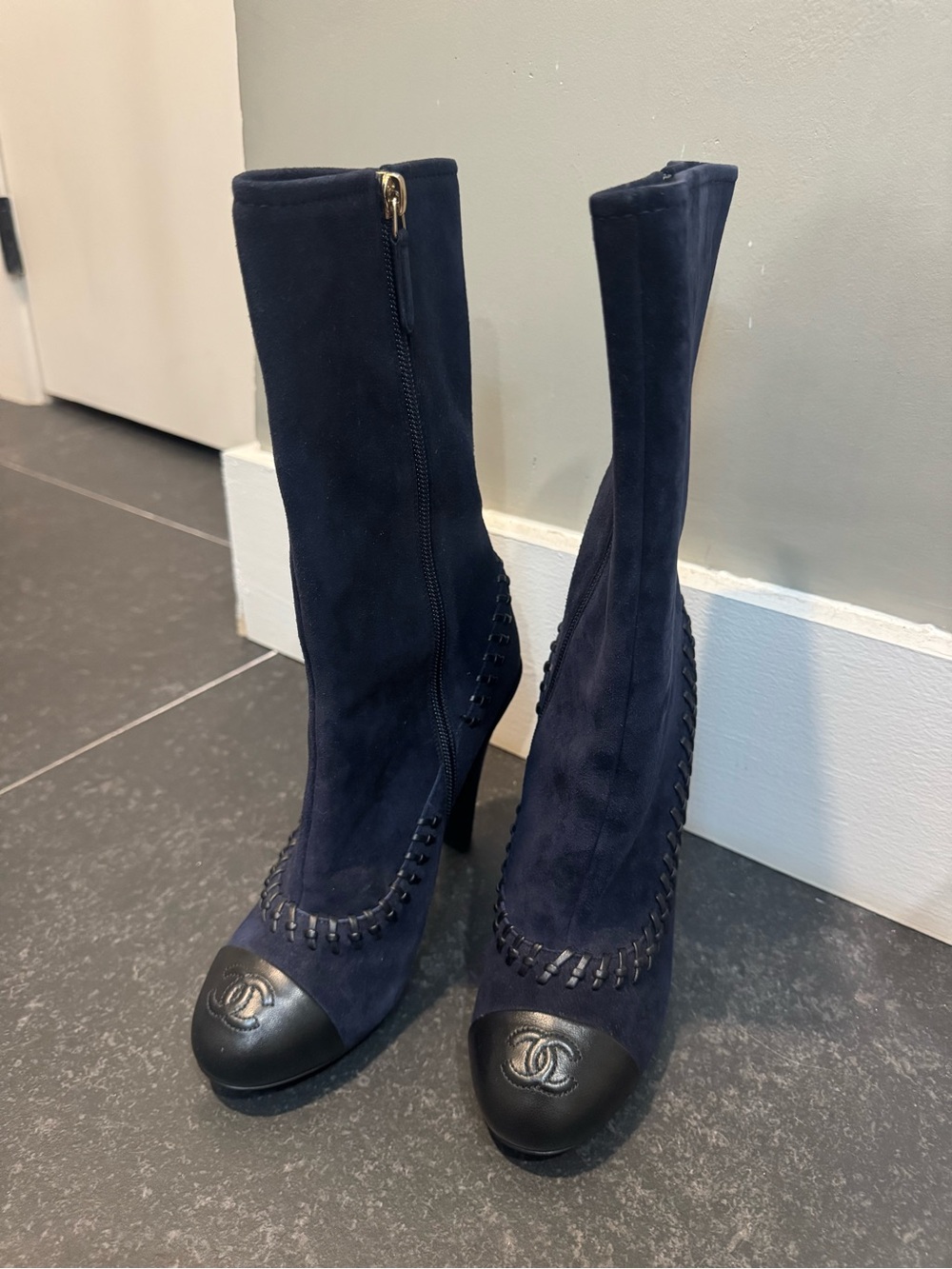 CHANEL Navy Suede Boots with Black Cap Toe